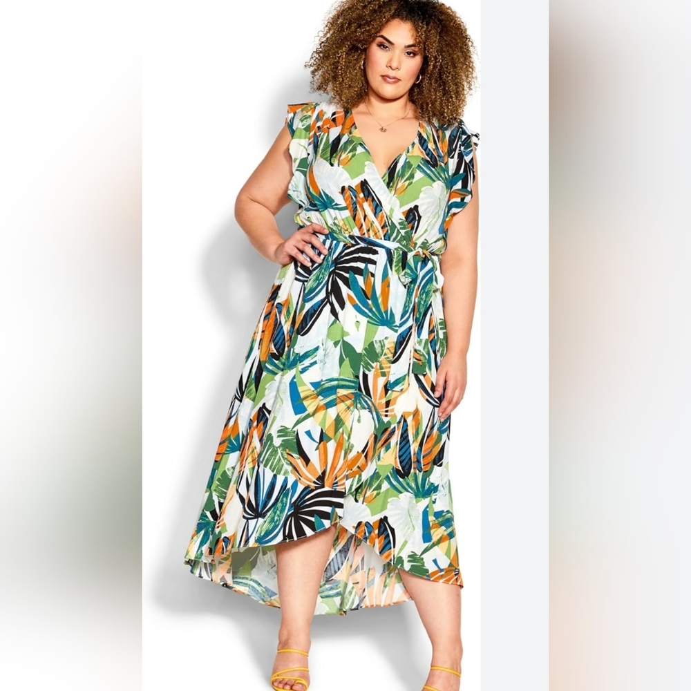 City Chic size 22 tropical hi-low faux wrap dress